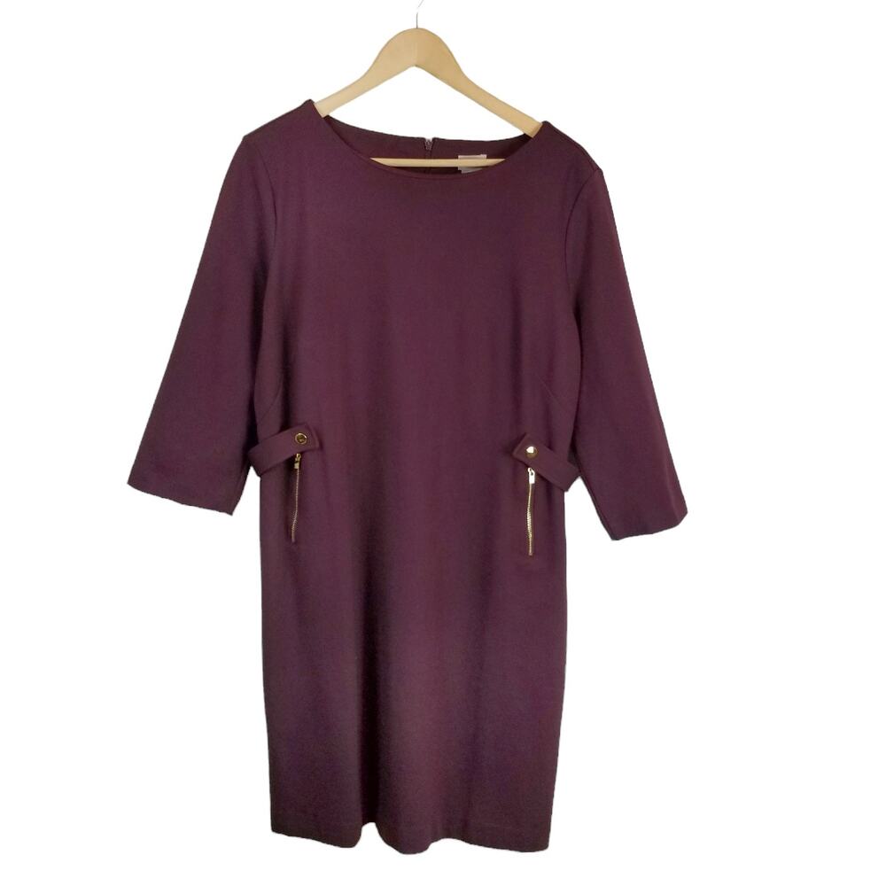 Chico's 3/4 Sleeve Ponte Knit Sheath Dress Plum Eggplant Purple Size 12 - Picture 2 of 6